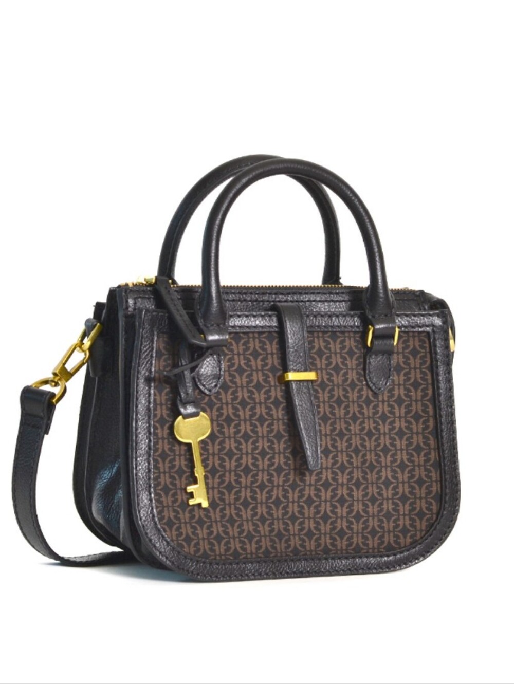 Fossil Ryder Mini Jaquard And Leather Signature Satchel. Black And Brown